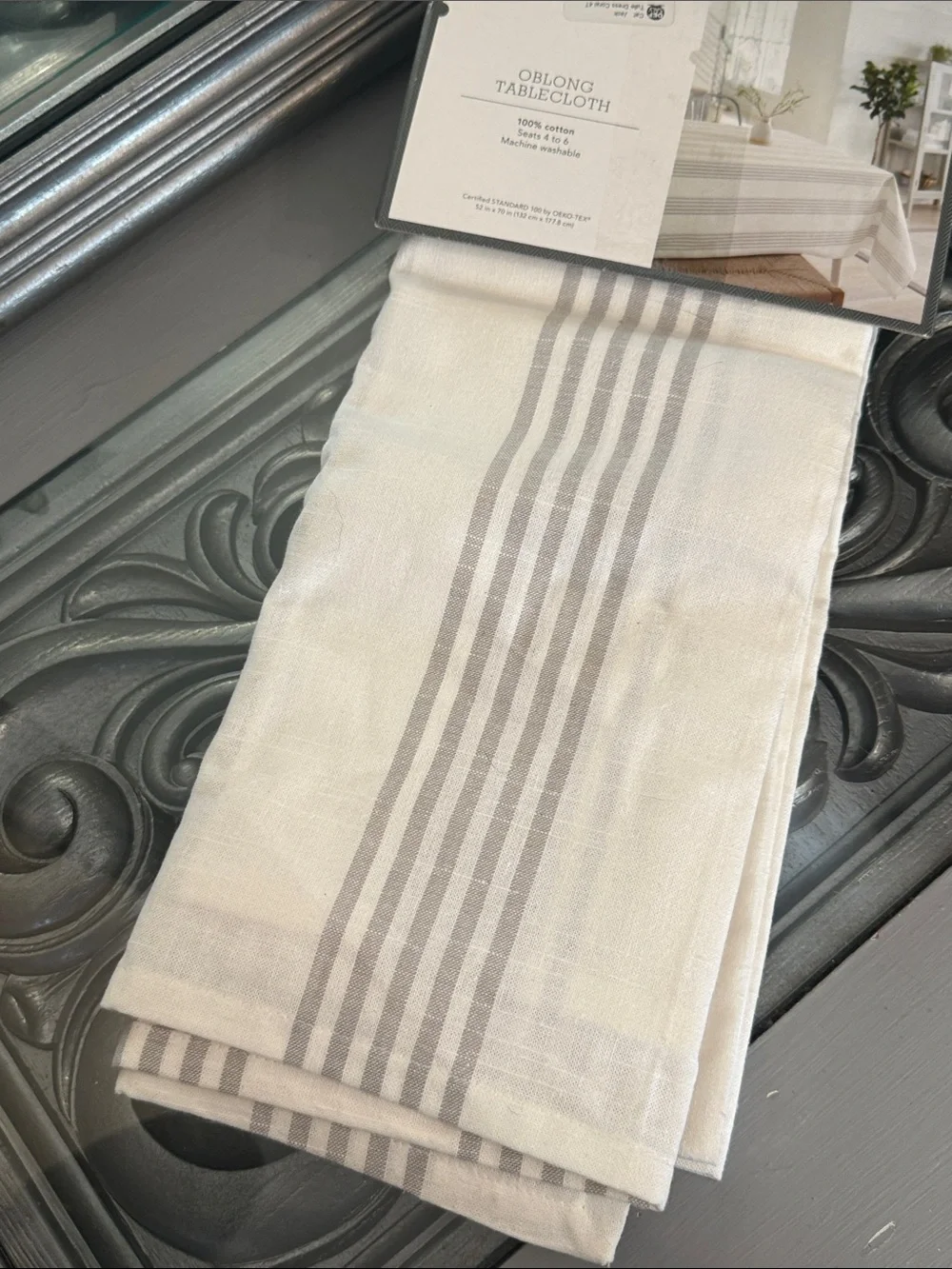 Threshold 52” x 70” White and Gray Striped Oblong Tablecloth